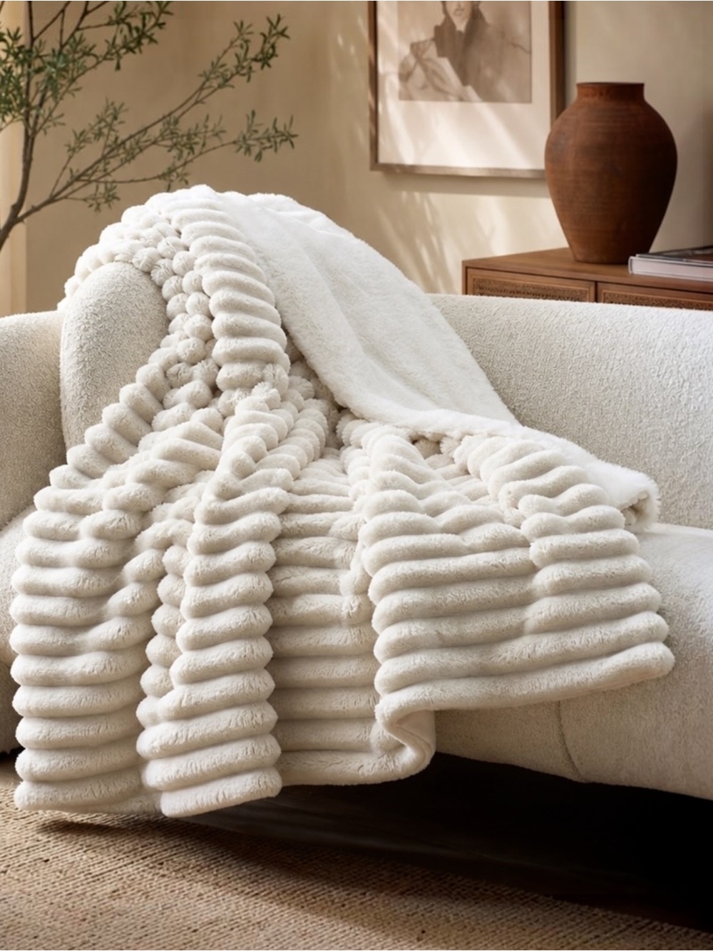 NEW West Elm Boho White Knit Sherpa Ultra Soft Throw Blanket Bedding - 60" x 80"